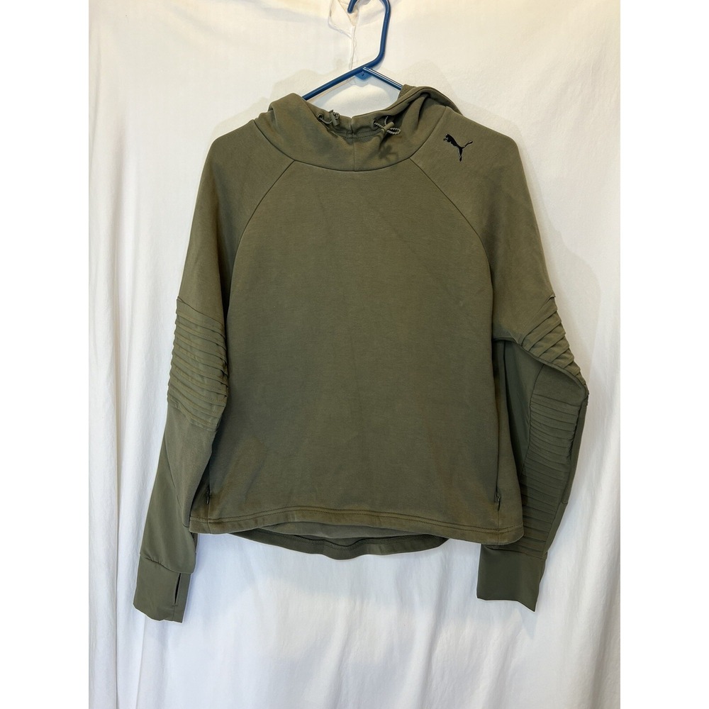 Puma Evostripe Olive Night Green Womens Cotton Long Sleeve Cropped Hoodie L‎